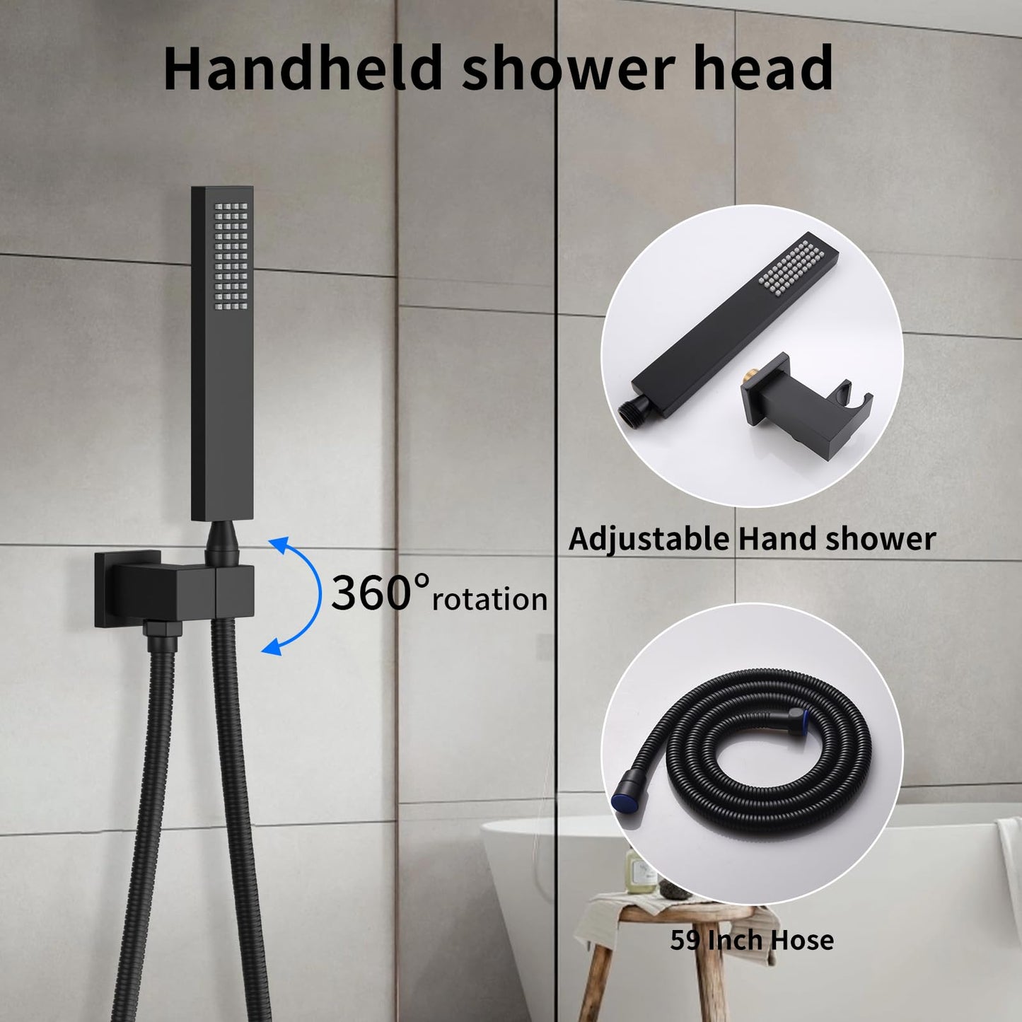 HONGTONGSOWER Bathroom Shower System Ceiling 14x20 Inch Shower Head, Spray With Handle, 6 PCS Body Jet And Handheld, Temperature Display Shower Faucet Set (Matte Black)