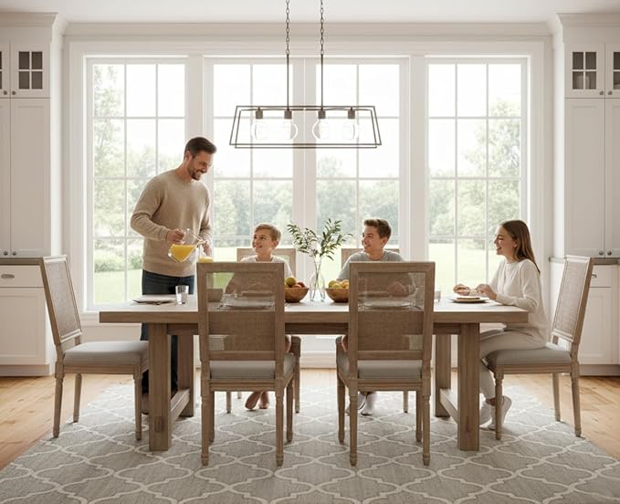 CIMOTA Farmhouse Dining Chairs Set of 4, French Rattan Dining Room Chairs with Rectangle Back/Distressed Wood Upholstered Vintage Side Chairs for Kitchen/Restaurant, Grey/4PCS