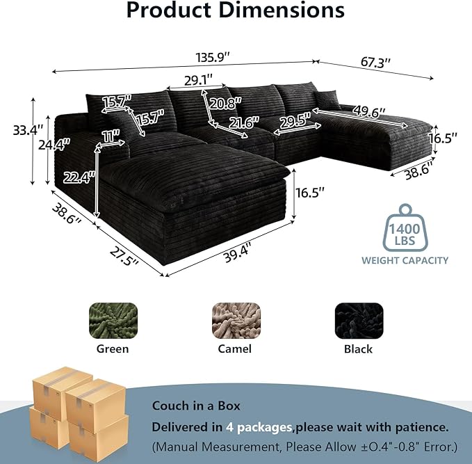 136" Cloud Sectional Couch U-Shaped Chaise with Ottoman, Corduroy Boneless Couch for Living Room Bedroom, Deep-Seat Upholstered Modular Cloud Sofa, No Assembly Required (Black, Right Facing Chaise)