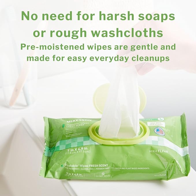 McKesson Flushable* Adult Wet Wipes – 288 Wipes (6 Pack of 48) – Aloe & Vitamin E, Plant-Based Cleansing Wipes, Unscented