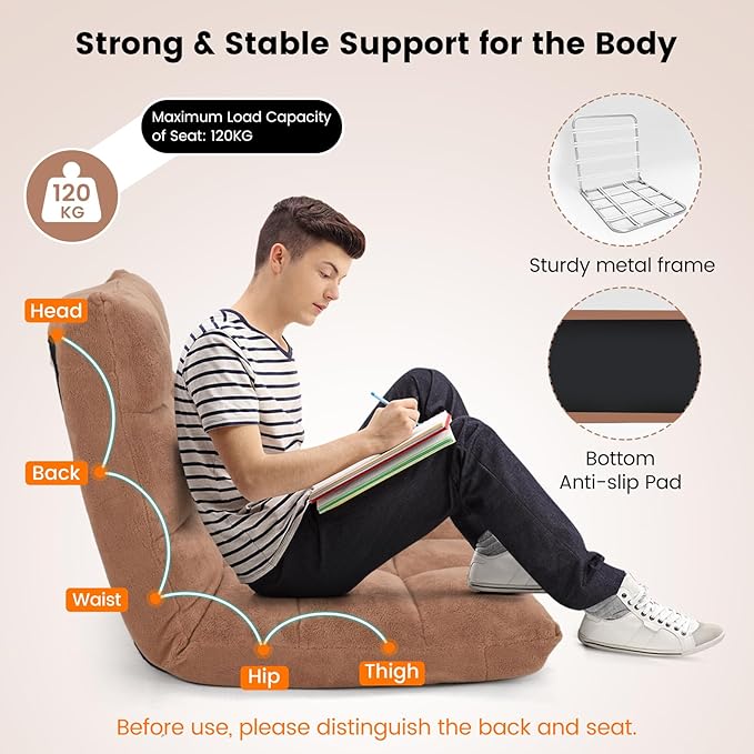MAT EXPERT 14-Position Floor Chair, Floor Gaming Chair w/Soft Coral Fleece, Alloy Steel Frame, Padded Lazy Couch Recliner, Floor Chair with Back Support for Reading, Meditating, Playing Game (Beige)