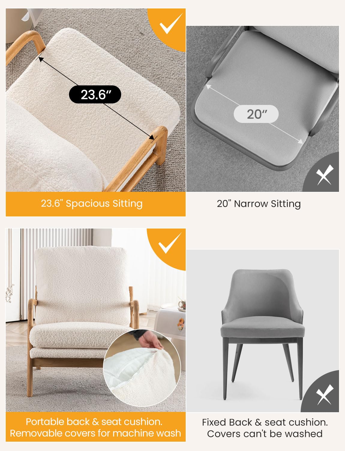 Mid Century Modern Accent Chairs for Living Room, 23” Wide Comfy Chair for Bedroom, Small Cozy Sherpa Reading Chairs for Adults, 108° Lounge Arm Chair Indoor with Detachable Cover, 5.5" Foam Cushion