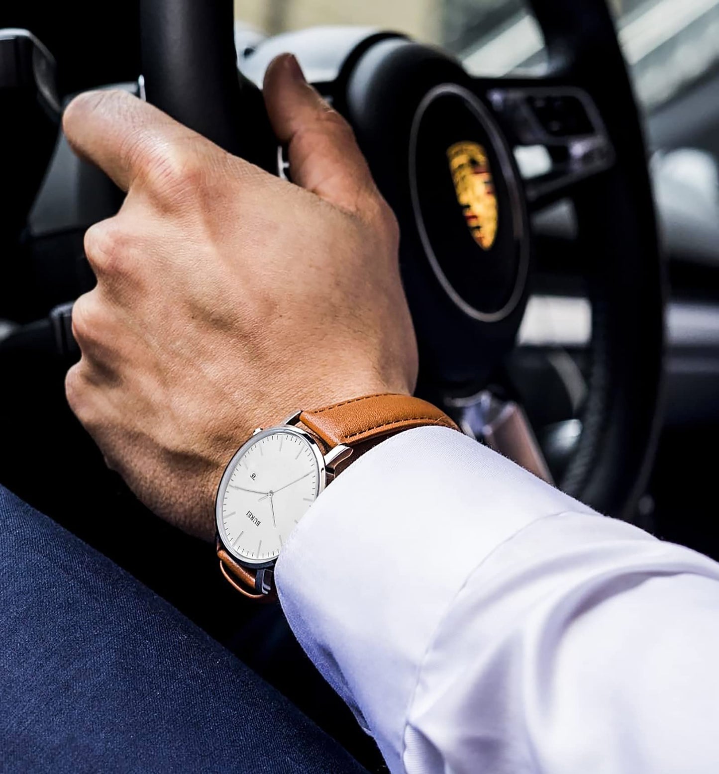 BUREI Men's Fashion Minimalist Wrist Watch Waterproof Watches Simple Ultra Thin Watches Analog Quartz Date with Brown Black Leather Strap