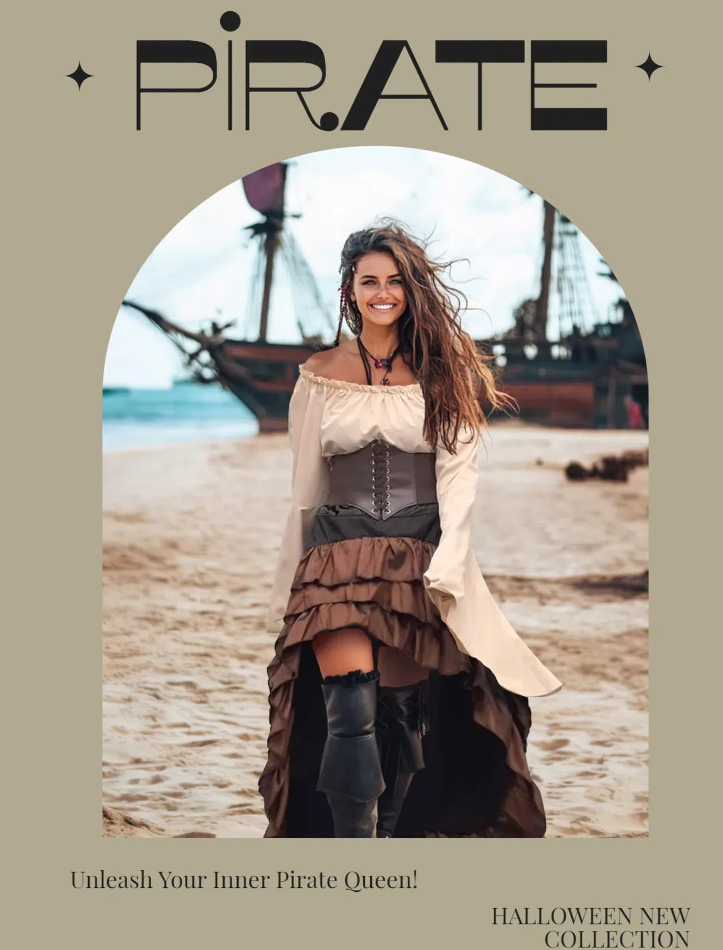 Verceco Pirate Costume Women Outfit with Renaissance Pirate Shirt Skirt Corset Waist Belt Womens Halloween Pirate Costumes (Beige+Brown, M)