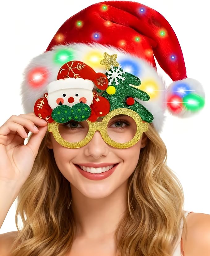 Hiwtonk LED Light Up Christmas Santa Hat with Christmas Glasses Set for Adult Xmas New Year Festive Holiday Party Headwear