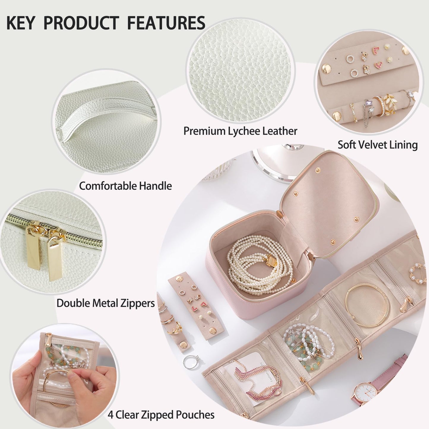 BcePce PU Leather Travel Jewelry Organizer Case with 4 Pouches & Handle, Anti-Tangle Storage Box for Necklace, Earrings, Rings, Compact Jewelry Box for Women Gift (Beige)