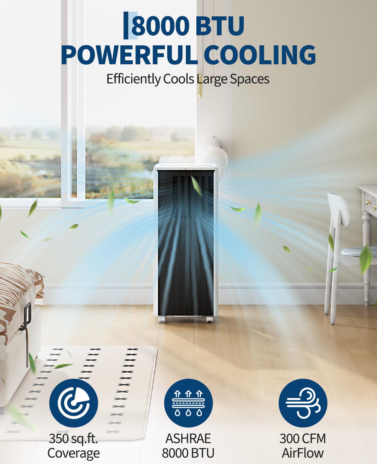 Garvee 8000 BTU Portable Air Conditioner, 3-in-1 Cooling, Dehumidifying & Fan for Rooms Up to 350 Sq. Ft | Quiet Sleep Mode | Energy-Saving 24-Hr Timer | AC Unit w/Remote & Full Window Kit, Black