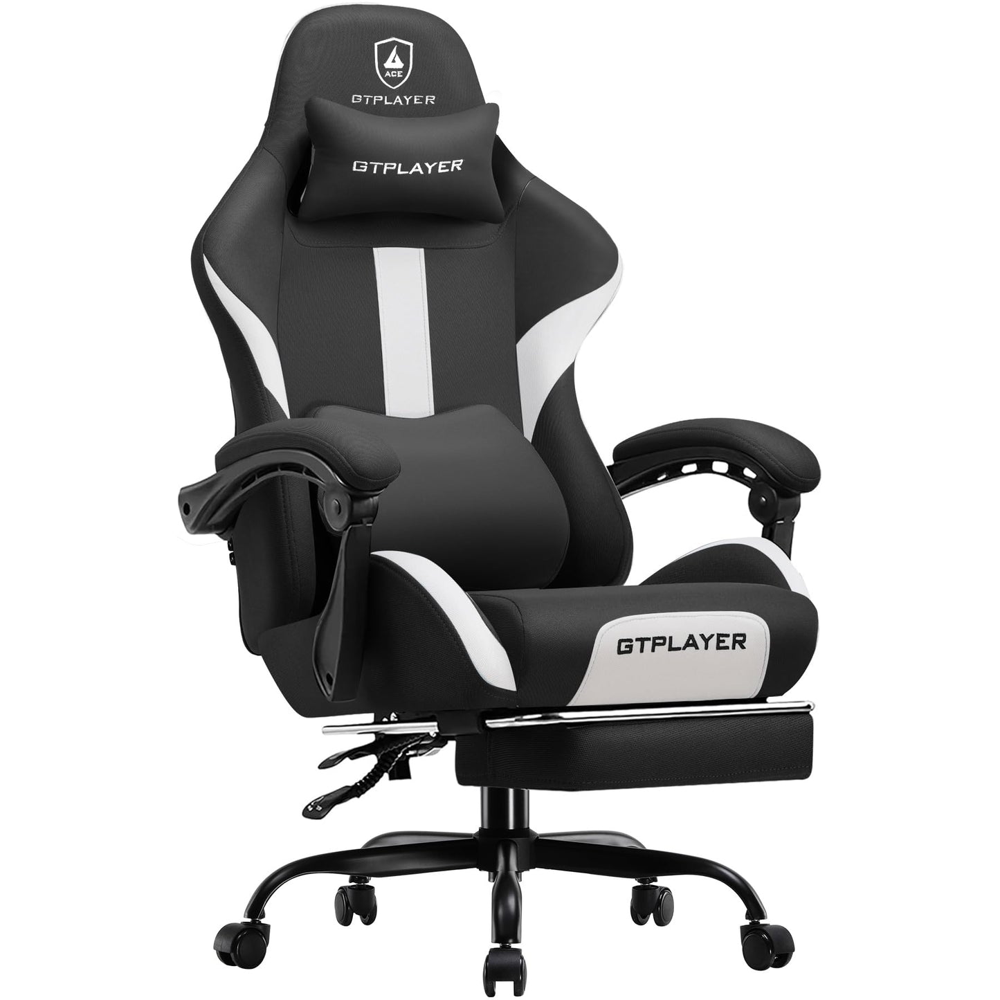 GTRACING Gaming Chair Ergonomic Office Chair with Foot Rest & Pocket Spring Cushion, High Back Computer Desk Chair with Headrest & Lumbar Support, Breathable Fabric Game Chair for Adults, Coal-Black