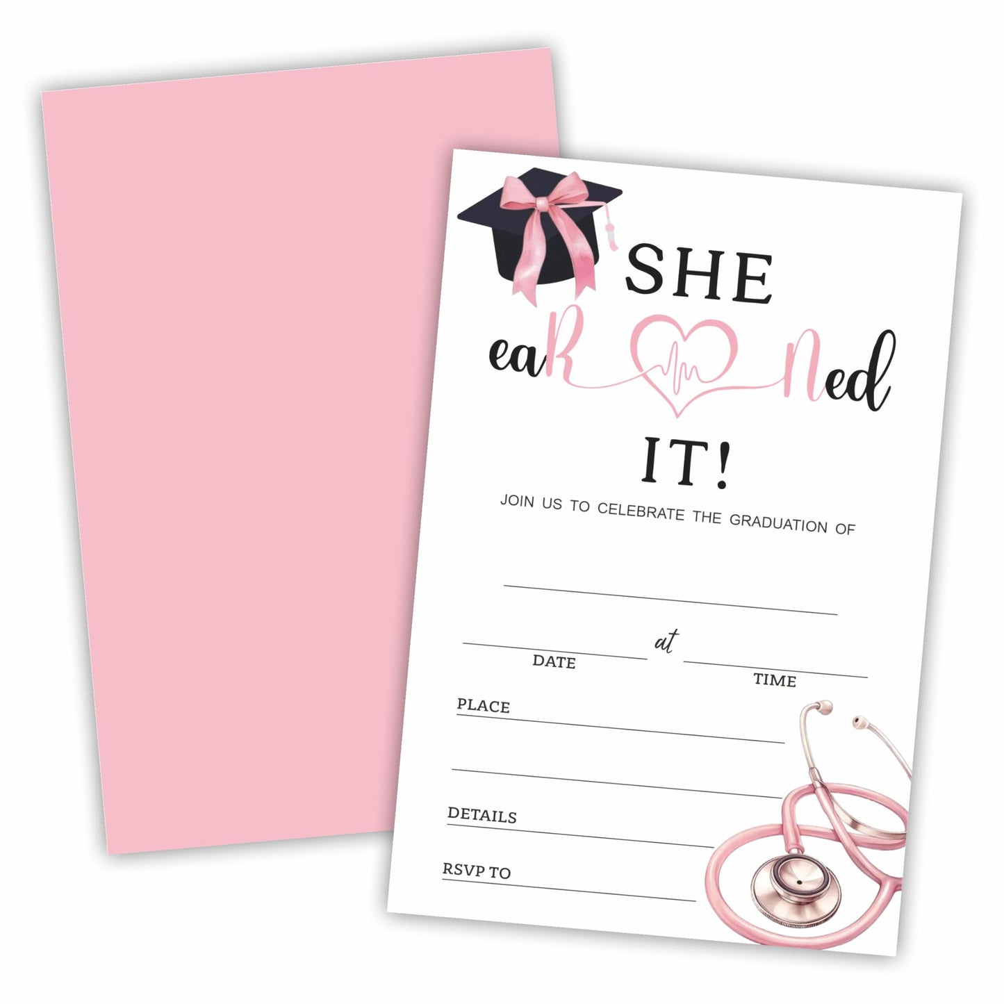 Nursing School Graduation Party Invitations - She Earned It - 20 Invites With Envelopes, Double-sided Fill In Invite Cards For College, High School, University Grad- Party Decorations & Supplies - A02