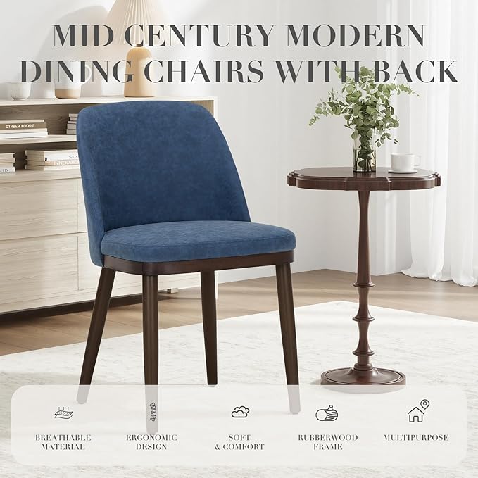 COLAMY Upholstered Dining Chairs Set of 4, Modern Kitchen Chairs with Back, Leather Side Dining Room Chairs with Wood Legs for Kitchen Dining Room Restaurant,Blue