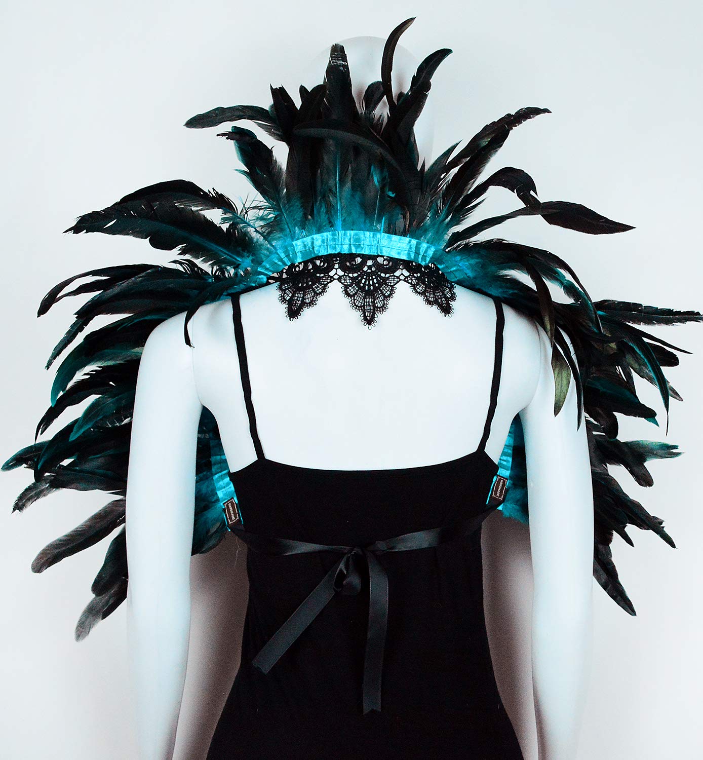 L'VOW Black Crow Feather Cape Shawl Stand Up Collar Halloween Devil Wings Witch Costume (Acid blue)