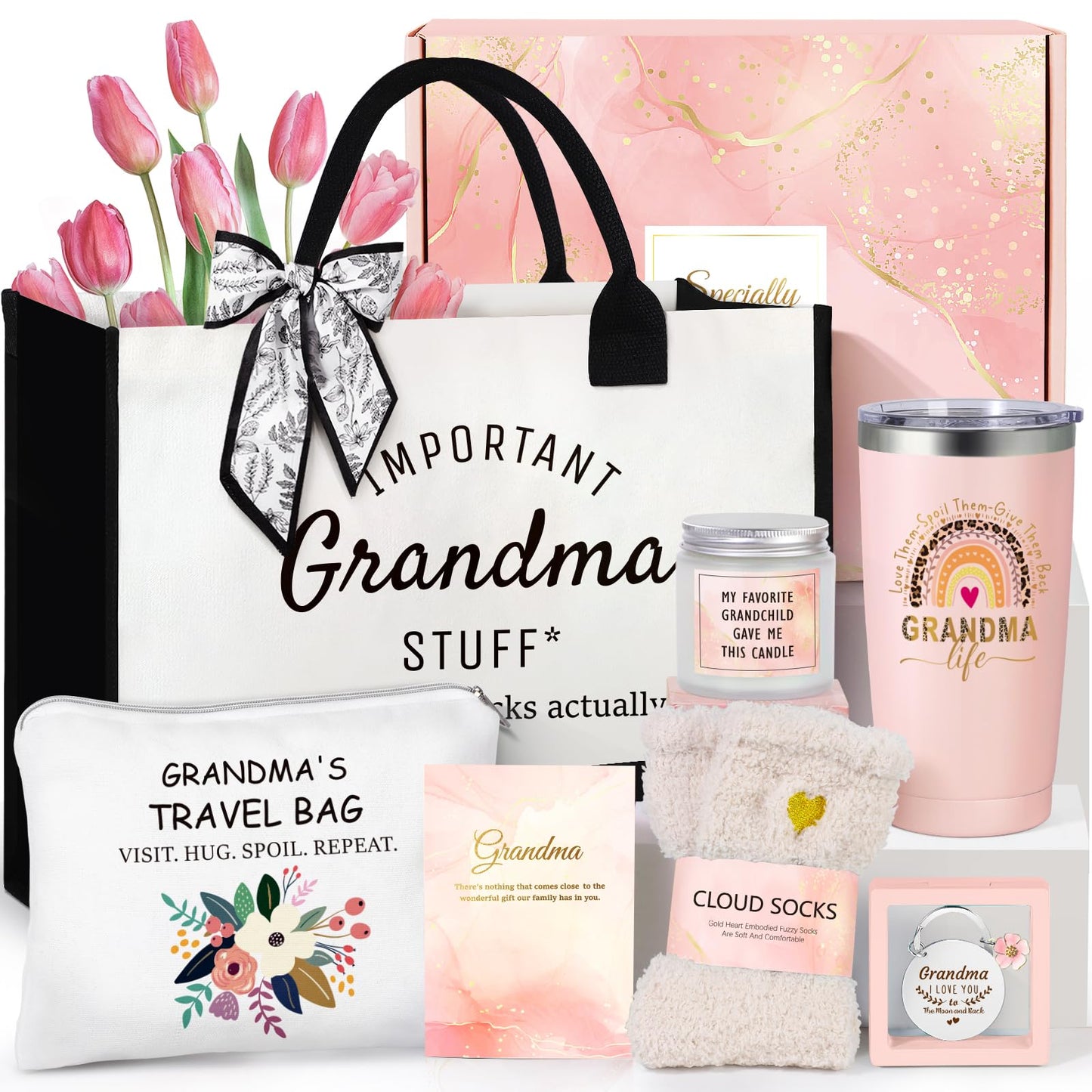 Suhctuptx Grandma Gifts, Christmas Birthday Gifts for Grandma, Best Funny Mothers Day Ideas Gift for Gigi Grandparent Nana Basket Set from Granddaughter Grandson with Canvas Tote Bag Pink