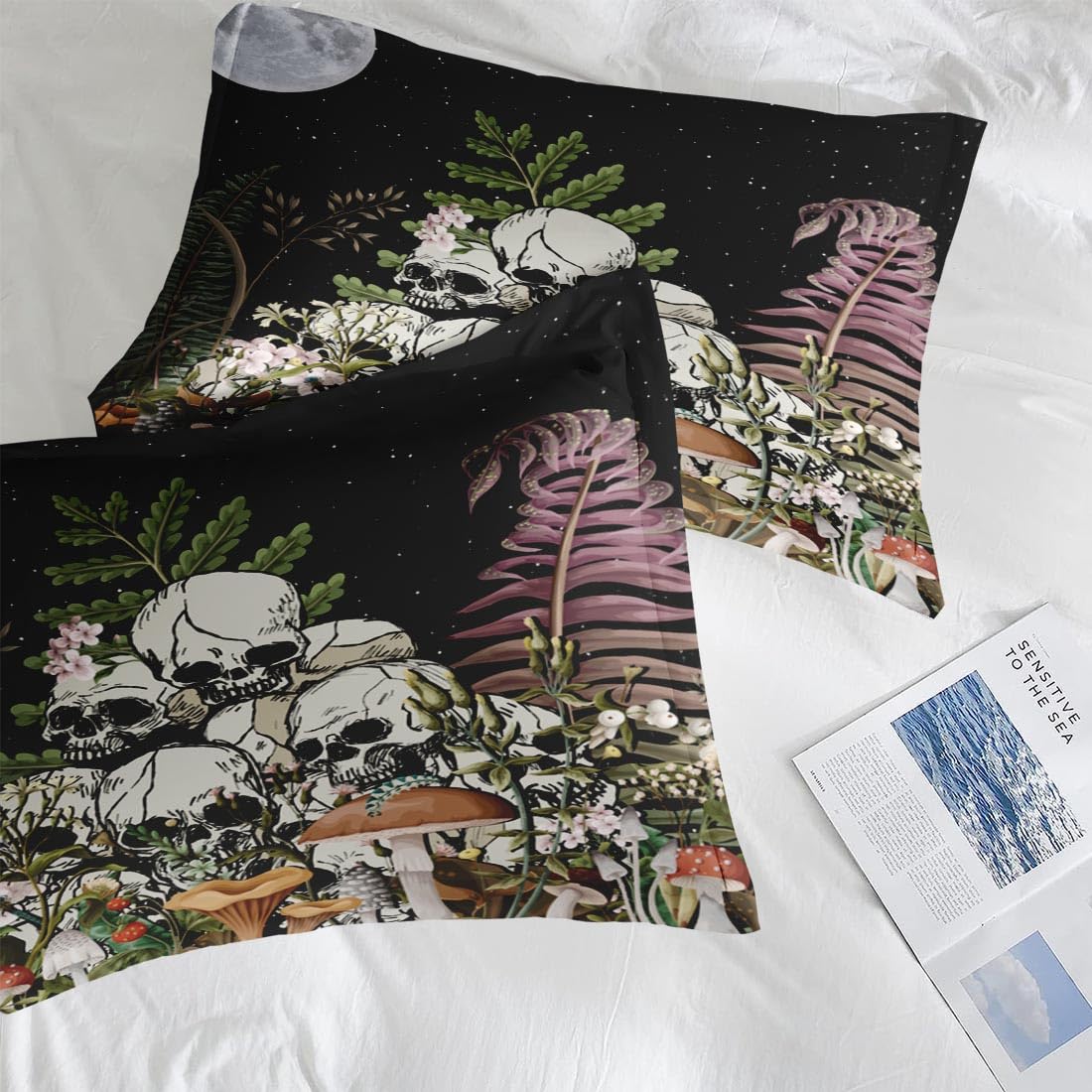 Pamnest Comforter Set Queen Size, Mushroom Plant 7 Pcs Bedding for Kids and Adults, Skeleton Spooky Retro Bed Sheet Sets with Fitted Sheet 2 Pillowcases & 2 Shams for Bedroom Bed Decor