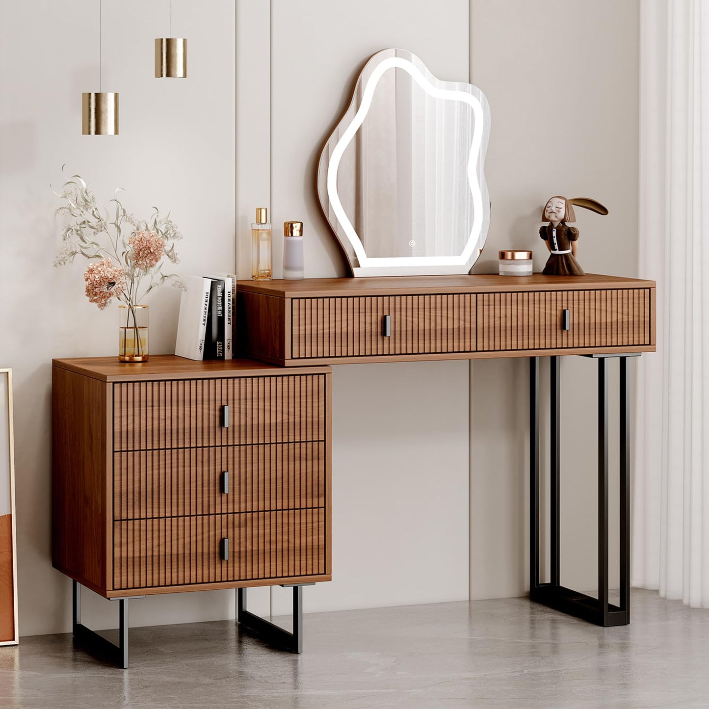 Ieejdn Brown Vanity Desk with Mirror and Lights,Small Makeup Vanity with 5 Drawers，Modern Makeup Table with Adjustable Cabinet for Bedroom,Makeup Room