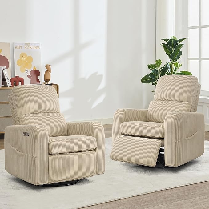 AEMEIOS Swivel Rocker Recliner, Oversized Power Recliner Nursery Glider with Removable Cushion, Upholstered Swivel Reclining Chairs for Nursery Living Room Bedroom, Corduroy Camel