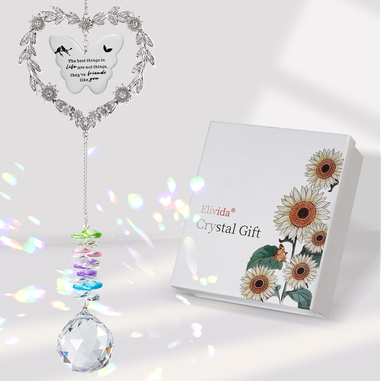 Elivida Friendship Gift Suncatcher, Best Friend Crystal Hanging Ornament for Window, Friend Birthday Gifts Unique Rainbow Maker, You Bring The Sunshine Farewell Graduation Gift for Bestie