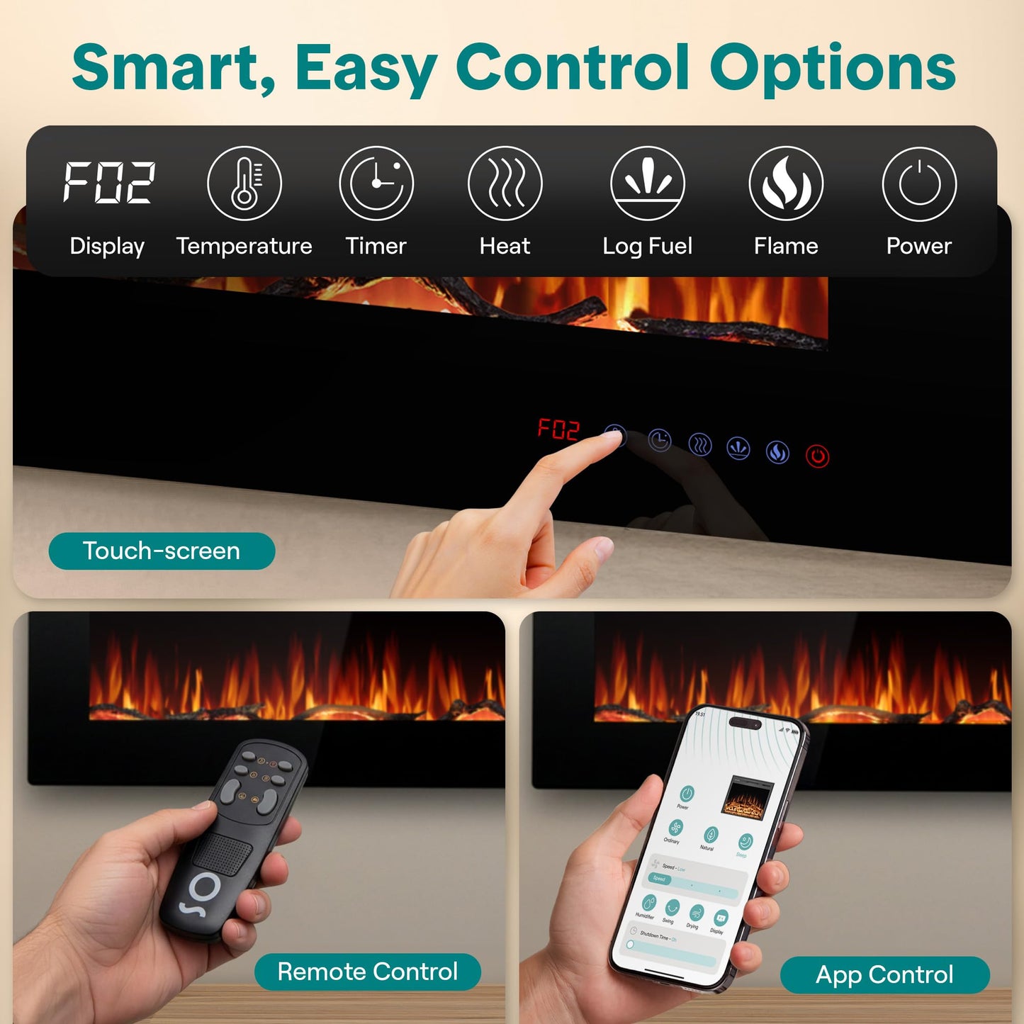 SereneLife 50 inch Electric Fireplace Heater with LED Flame, Smart Wi-Fi, Remote, Thermostat, 13 Color Modes, Recessed or Wall Mounted Fire Place, Quiet Operation, Overheat Protection, Black Frame