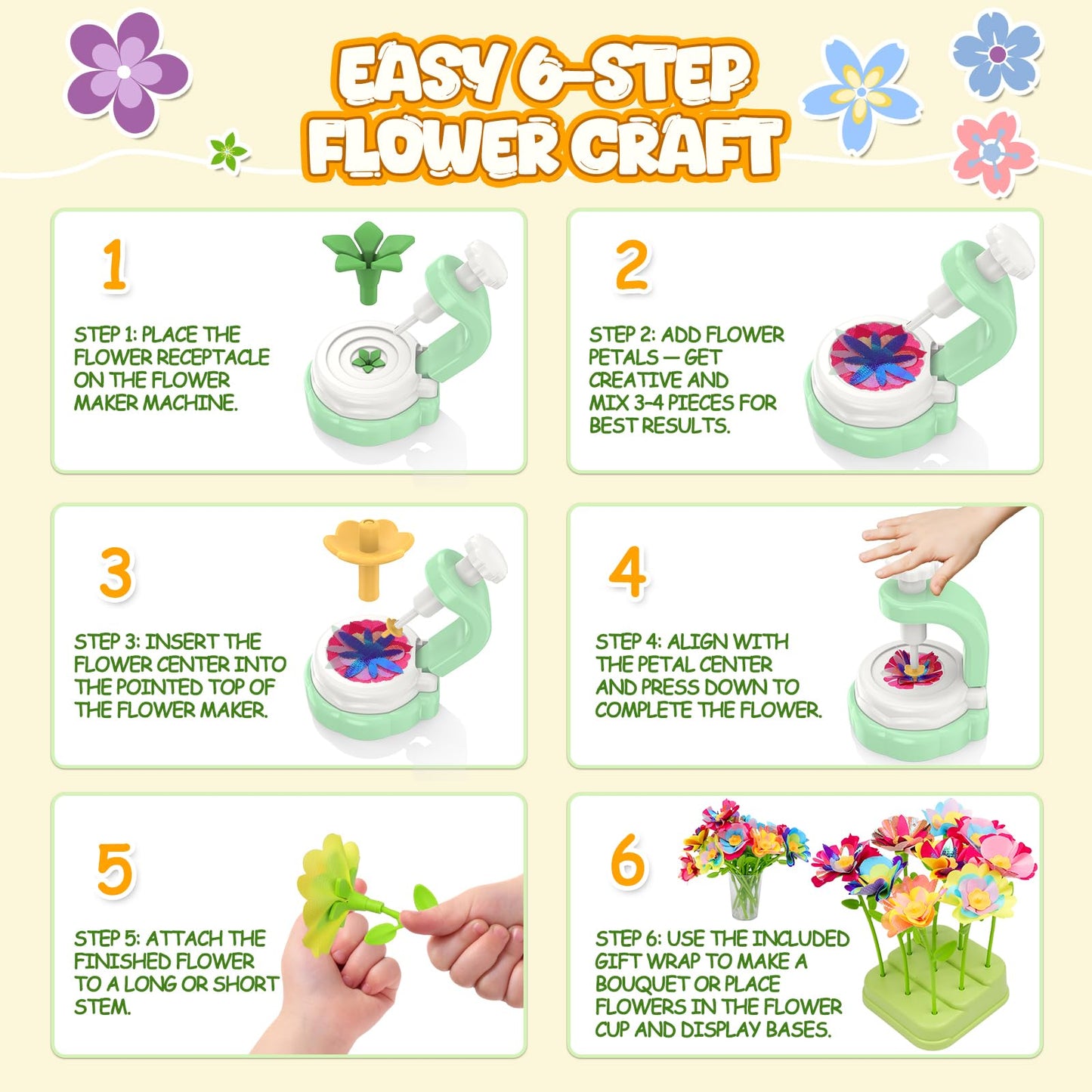 Art Flower Bouquet Craft Kit, DIY Arts & Crafts Flower Toy for Kids, Build Your Own Bouquet, Creative Educational Gift for Toddlers Kids, Christmas Birthday Gift for 4 5 6 7 8+ Year Old Girls and Boys