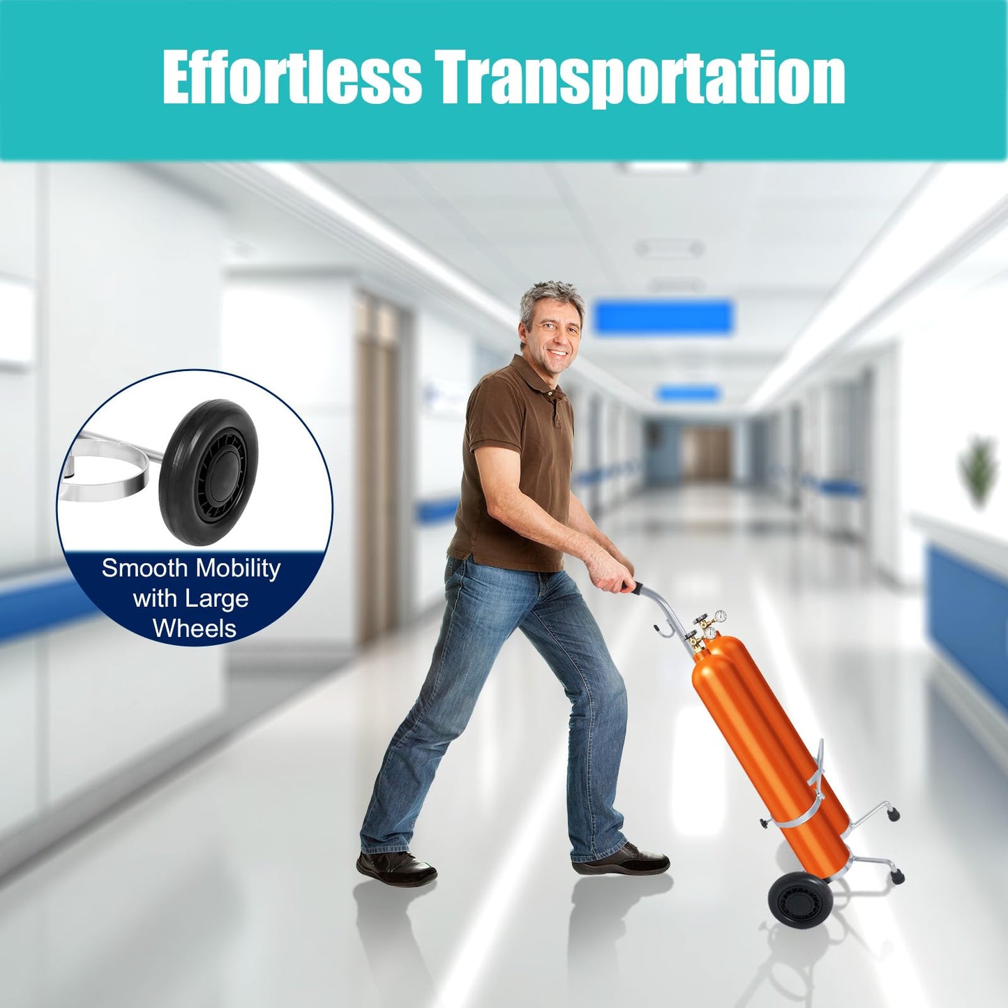 WYJREES 2 PCS Dual Oxygen Cylinder Cart, Lightweight Oxygen Tank Holder with Wheels, Portable D/E Rolling Oxygen Tank Cart with Adjustable Handle and Sturdy Powder-Coated Finish