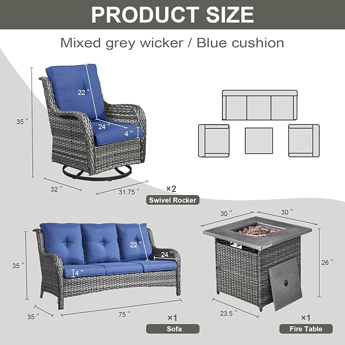 Belord Outdoor Patio Furniture Set with 50000BTU Propane Fire Pit Table, 4 Pieces Wicker Patio Conversation Set with 2 Swivel Rocker Glider Chairs Rattan Sofa Blue Cushion Perfect for Gathering