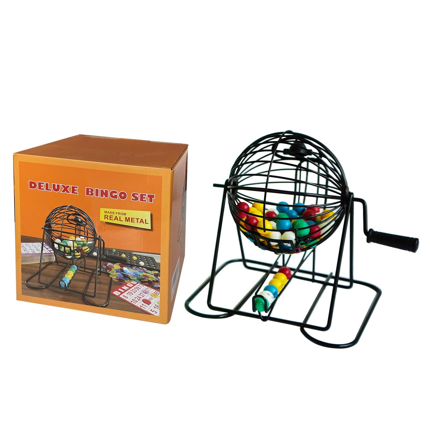 Yuanhe Deluxe Bingo Game Set - Metal Round Cage, 75 Colored Bingo Balls, 100 Bingo Cards, 500 Mixed Chips and Master Board for Large Groups, Parties