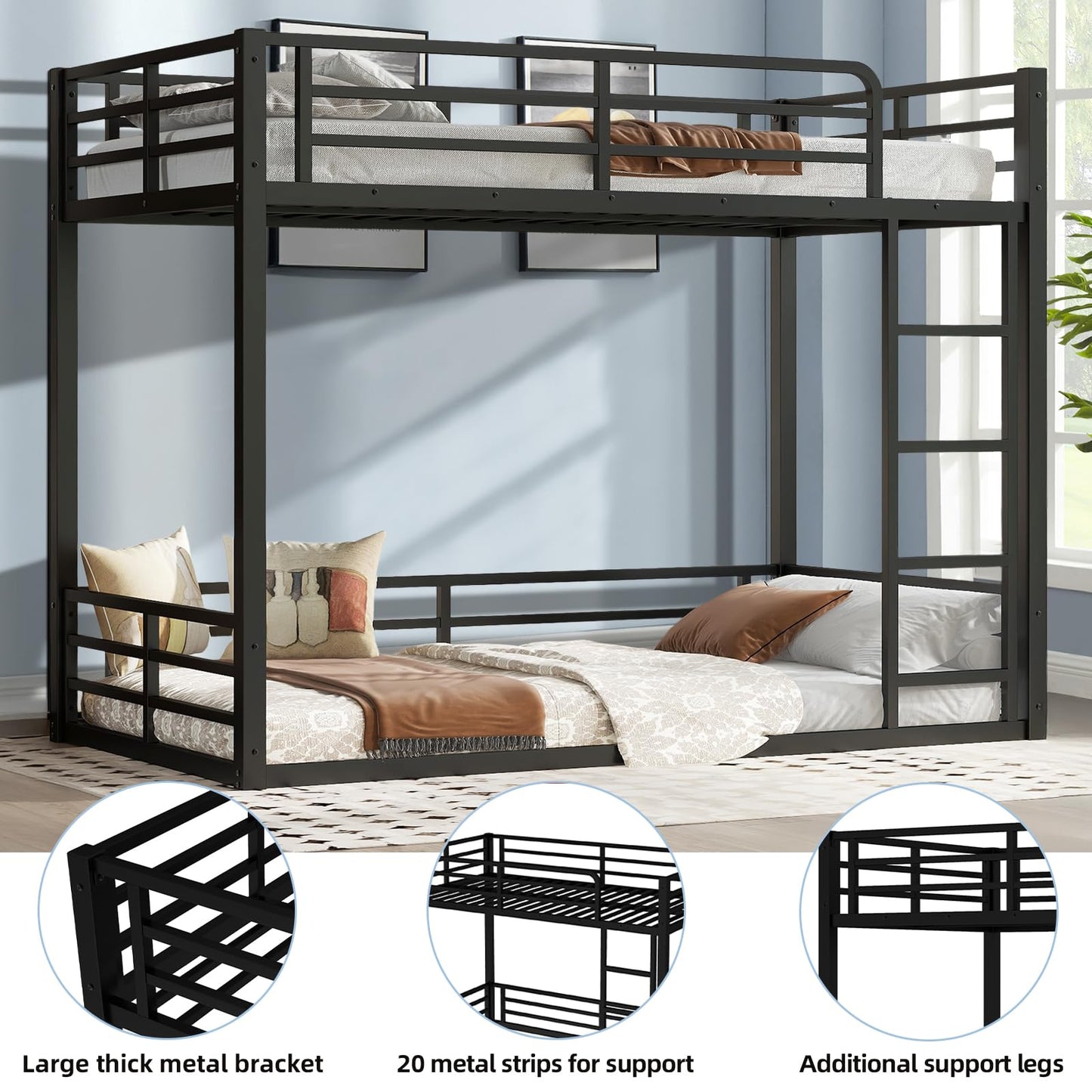 HKOLIE Twin XL Over Twin XL Metal Bunk Bed Frame, Heavy Duty Low Bunk with Full Length Guardrails, Noise-Free Design, Space-Saving Bed for Kids Teens Adults, Black