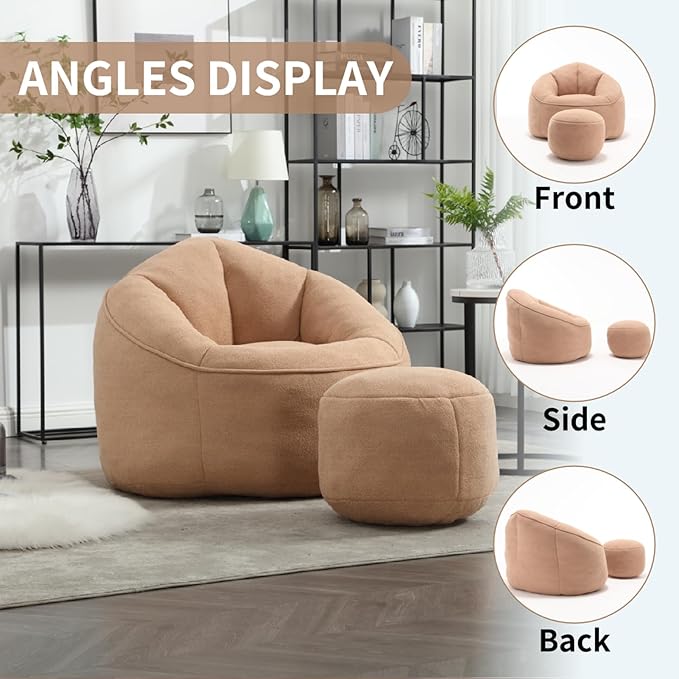 Bean Bag Chairs, Gaint Bean Bag Couch with Memory Foam for Adults and Kids, Microfiber Upholstered Sofa with Ottoman, Comfy Lazy Bean Bag Reading Chair for Living Room