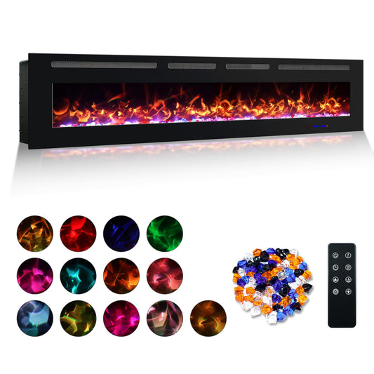 Prismaster 72" Electric Fireplace Insert, Ultra Thin Linear Fireplace Heater, Wall Mounted Recessed, Adjustable Flames& Brightness, 750W /1500W, Timer