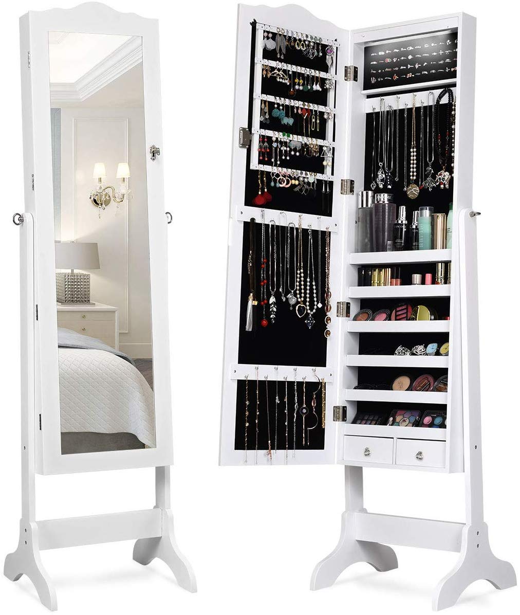 HOMGX (White 14 LEDs Mirror Wood Cabinet, Lockable Standing Armoire with Key, Jewelry Storage Organizer with 2 Drawers and 4 Angles (Jewelry Cabinet)