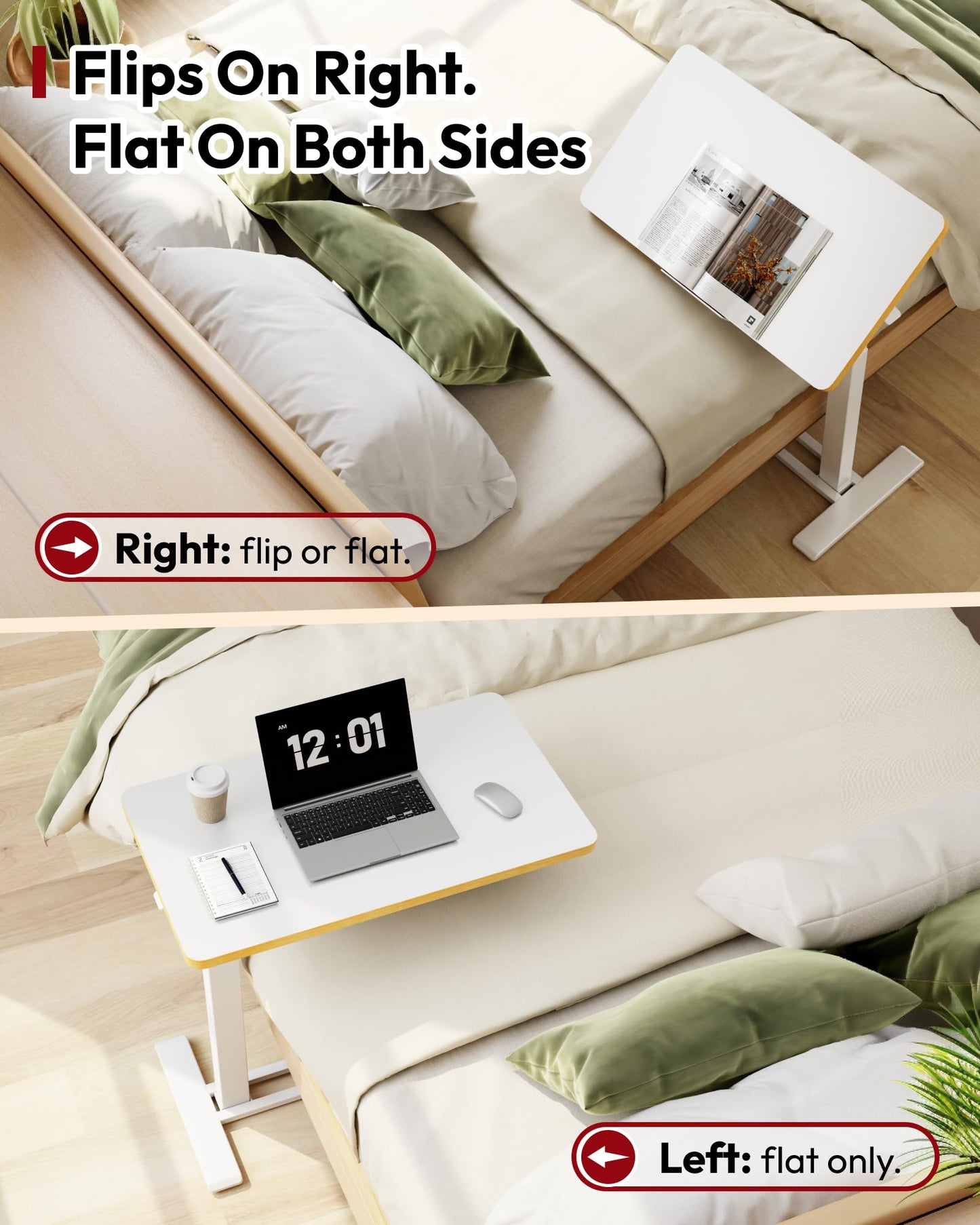 SANODESK Medical Adjustable Overbed Bedside Table with Casters 90° Tilt Top Pneumatic Mobile Rolling Laptop Computer Standing Desk Cart with Tray, Hospital and Home Use(31.5" W x 17.7" D, Maple)