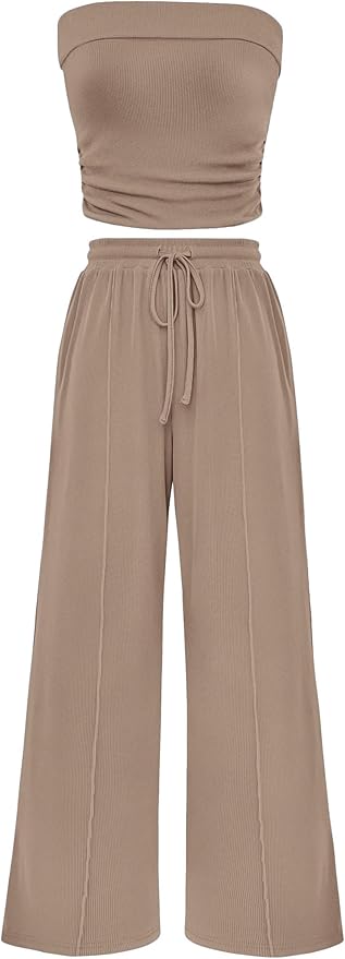 PRETTYGARDEN Womens Summer Outfits 2 Piece Sets Casual Ribbed Knit Crop Tube Top Wide Leg Pants Spring Matching Lounge Set