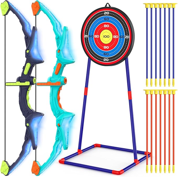 2 Pack Bow and Arrow Set for Kids, Light Up Archery Set with 14 Suction Cup Arrows, Archery Targets Outdoor Games for Kids...