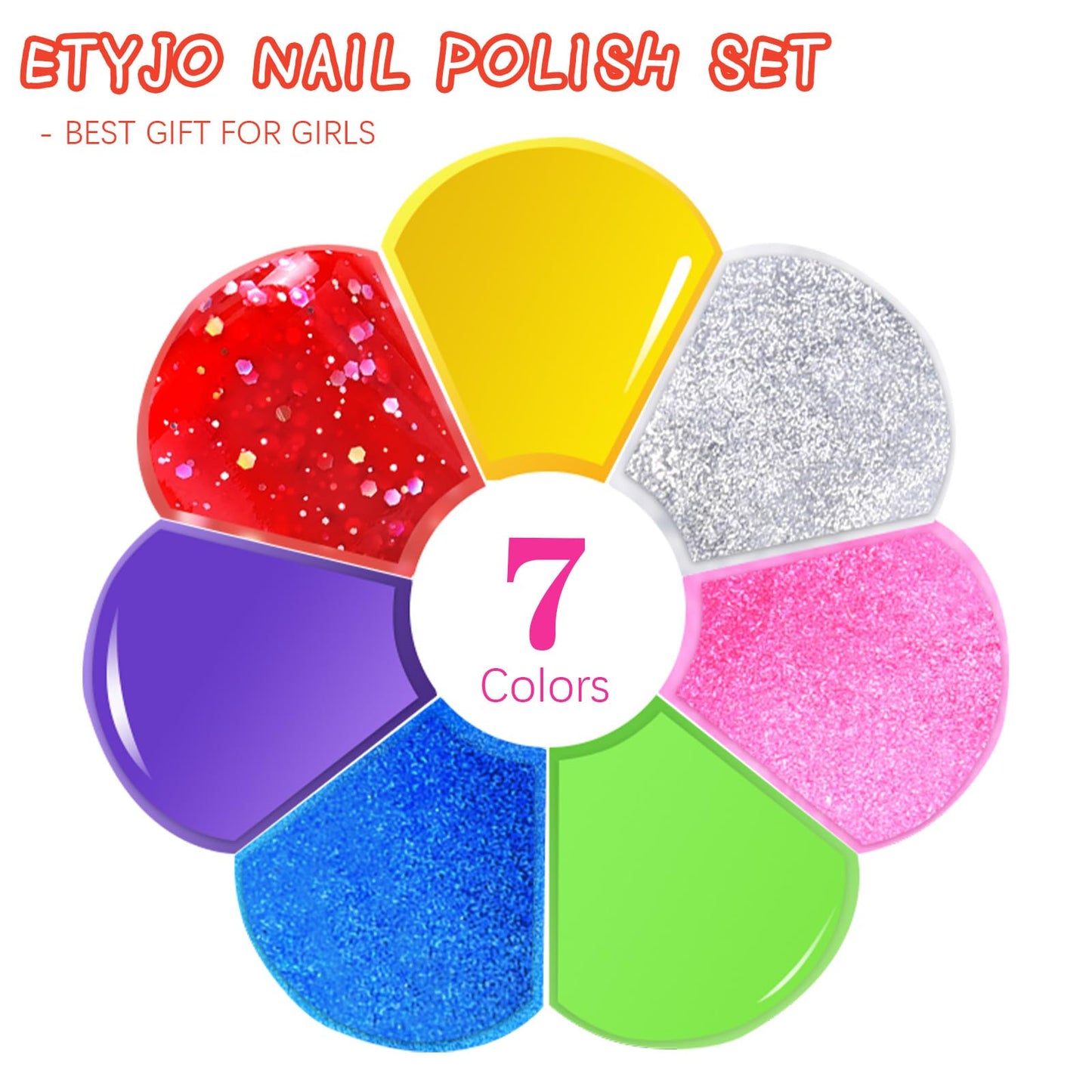 ETYJO Kids Nail Polish - 100% Non Toxic Peel - Off Water-Based Quick Dry Nail Polish for Toddler 7 Candy Colors With Sticker for