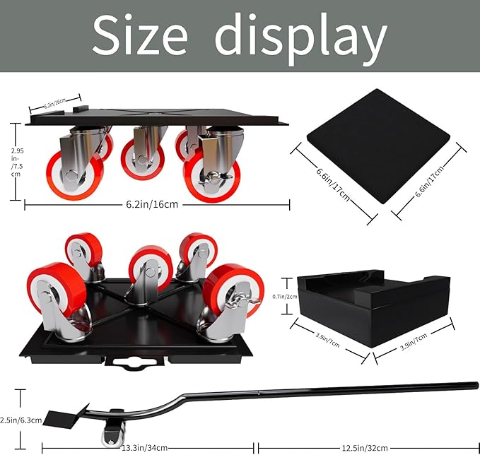 Furniture-Movers-with-Wheels-Dollies,Furniture-Dolly 360°Rotatable and Lockable,Furniture Sliders with 5 Wheels Rubber Silent Furniture Lifter Tool Set,3300 lbs Load Capacity,6.3×6.3IN Red
