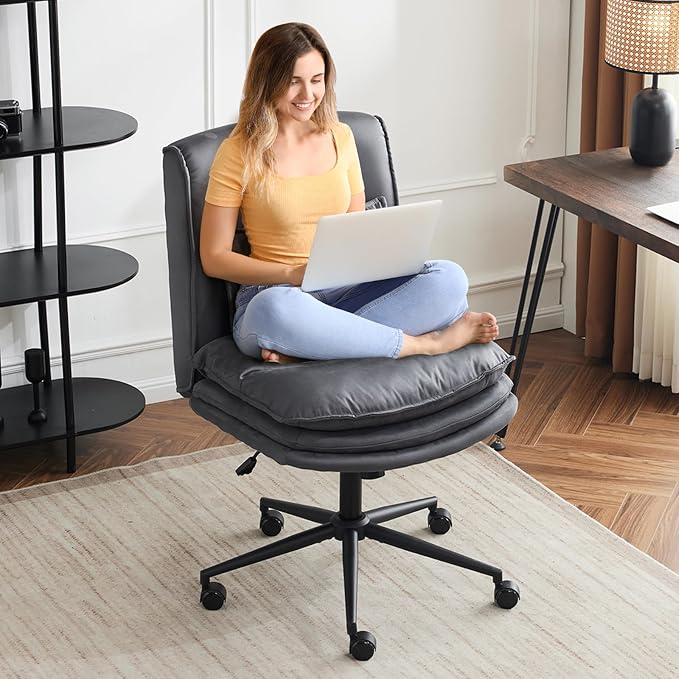 VINGLI Cloud Criss Cross Legged Chair,18" High Back Armless Home Office Desk Chair with Wheels,Wide Adjustable Comfy Padded Seat Task Computer Chair,Modern Swivel Makeup Vanity Chair,Microfiber,Grey