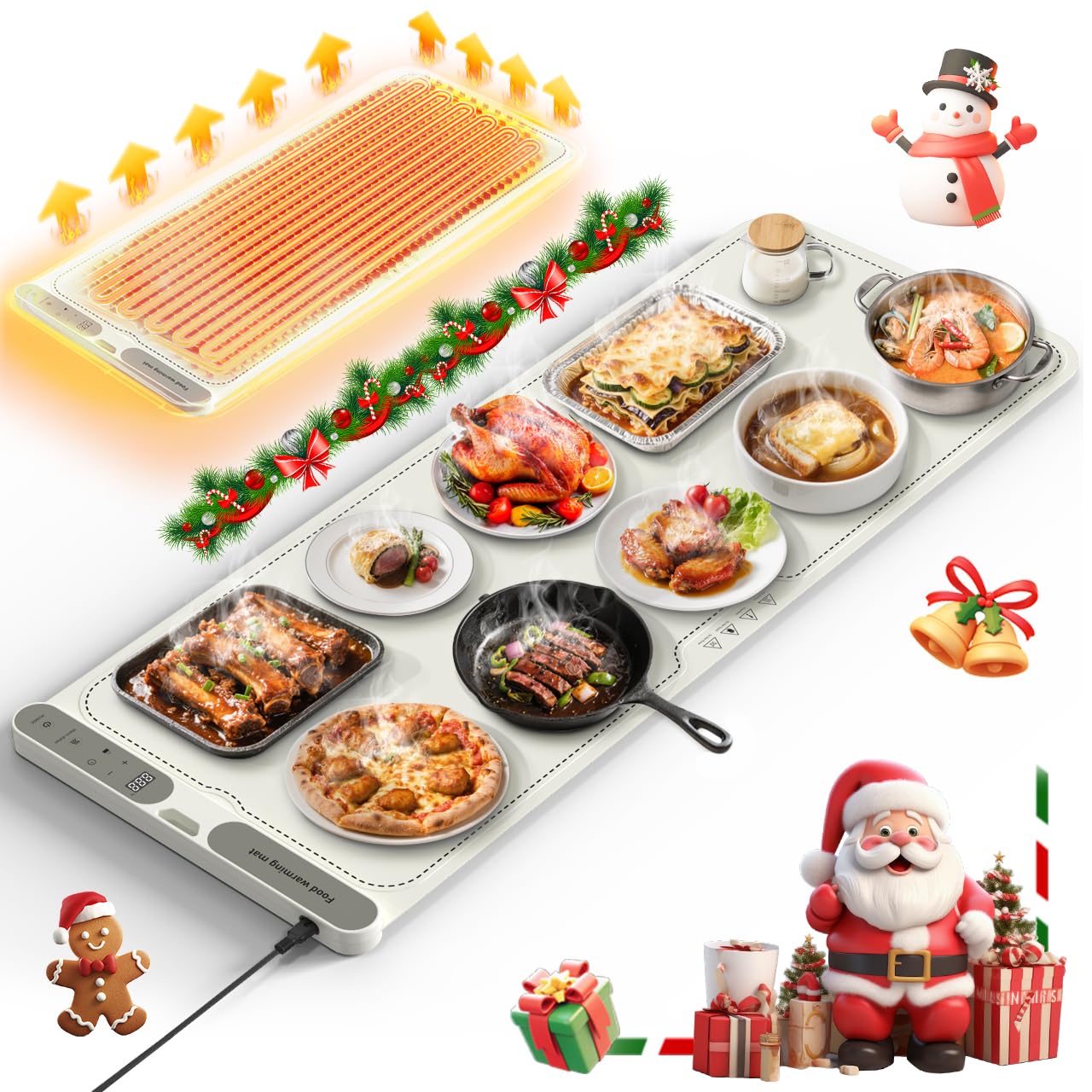 Budsom Food Warming Mat - 8s Fast Heating Electric Warming Tray with 7-Level Temperature & 8-Hour Timer, Roll-Up Portable Food Warmer for Home Dinner, Party, Travel, Outdoor Picnic