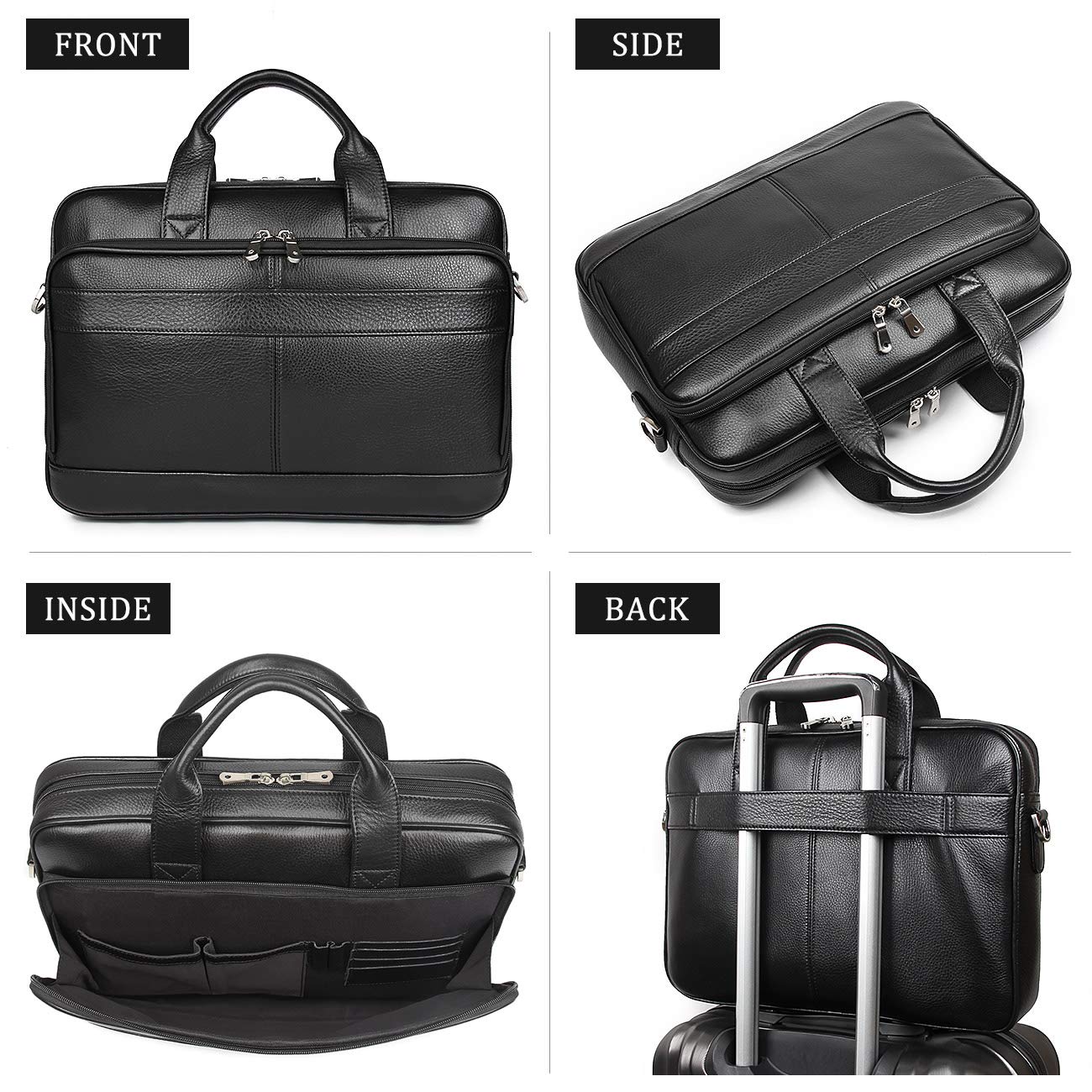 Augus Leather Briefcase for Men 16 inch laptop Bag Genuine Leather YKK Zipper Messenger Shoulder Bag for Work Black