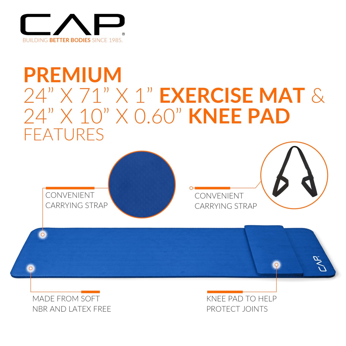 CAP Barbell Yoga Mat 1/2" Thick with Carrying Strap & Knee Pad - High Density Exercise Mat for Yoga, Pilates, Stretching, Floor & Fitness Workouts - 71''x24''x1/2" | Blue