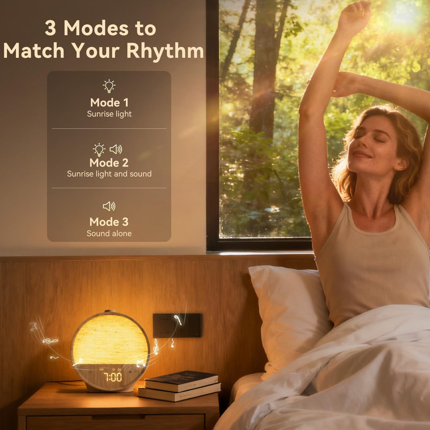 Vivilumens Wood Grain Sunrise Alarm Clock, Gentle Wake-Up Light Sound Machine, Dual Alarms for Heavy Sleepers, Natural Sounds, RGB Mood Light, Dimmable Bedside Night Lamp, Ideal for Bedroom & Gifts