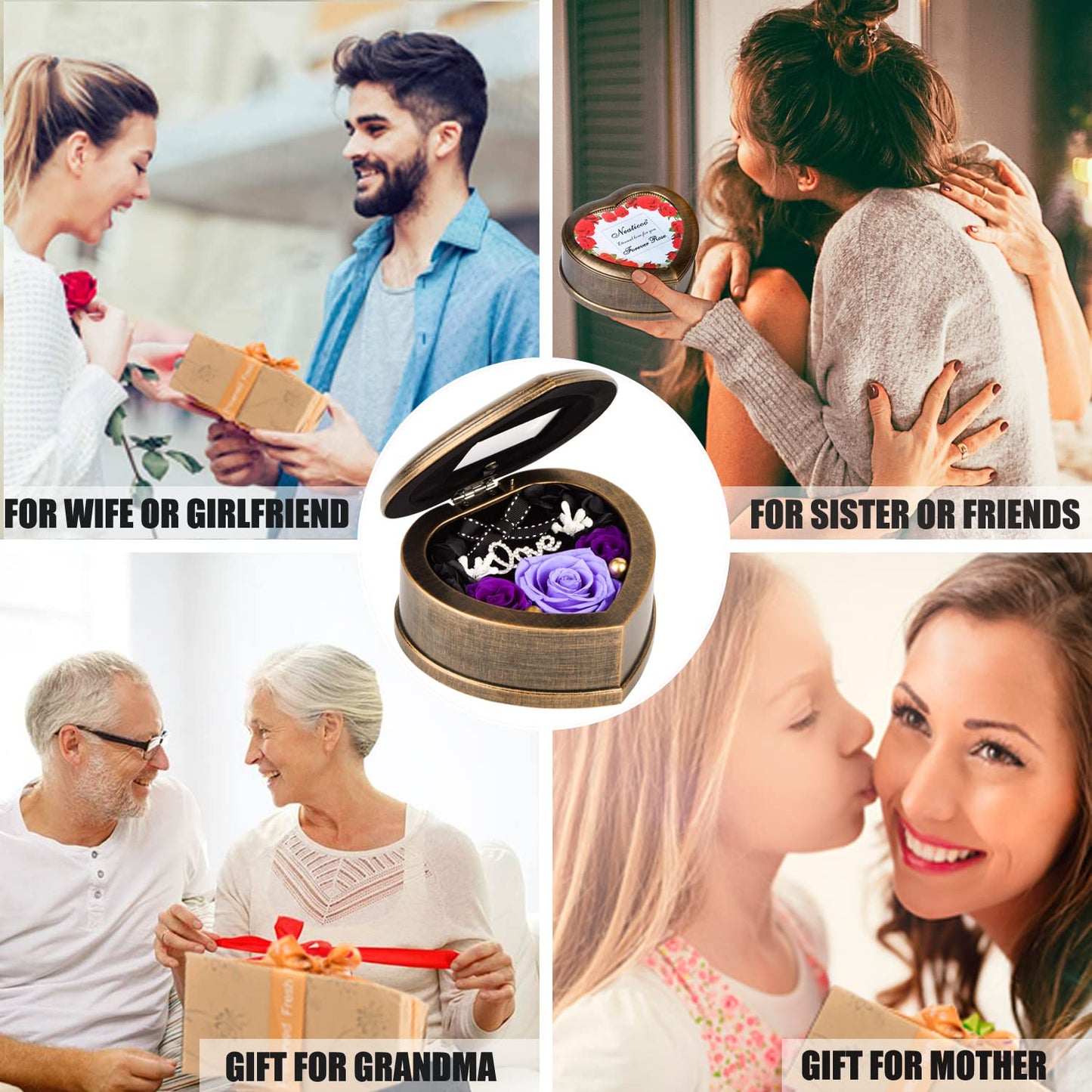 Neaticoo Handmade Preserved Flower Real Purple Rose in Musical Box with Photo Frame, Mother's Day Long Lasting Real Flower Gifts for Her Women Wife on Valentine's Day Birthday or Anniversary -Purple