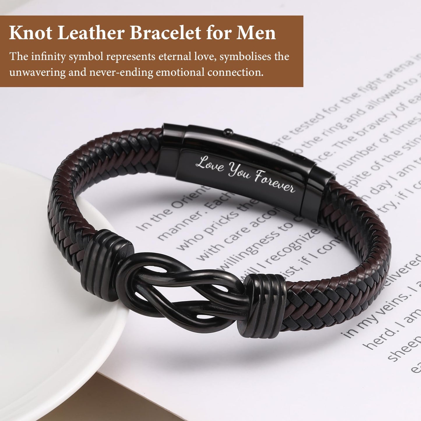 MEALGUET to My Man Bracelets Gifts- Brown Braided Leather Infinity Knot Bracelets Engraved Letter Love You Forever for Husband from Wife Birthday Christmas
