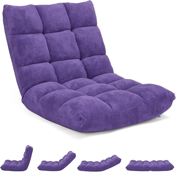 MAT EXPERT 14-Position Floor Chair, Floor Gaming Chair w/Soft Coral Fleece, Alloy Steel Frame, Padded Lazy Couch Recliner, Floor Chair with Back Support for Reading, Meditating, Playing Game (Violet)