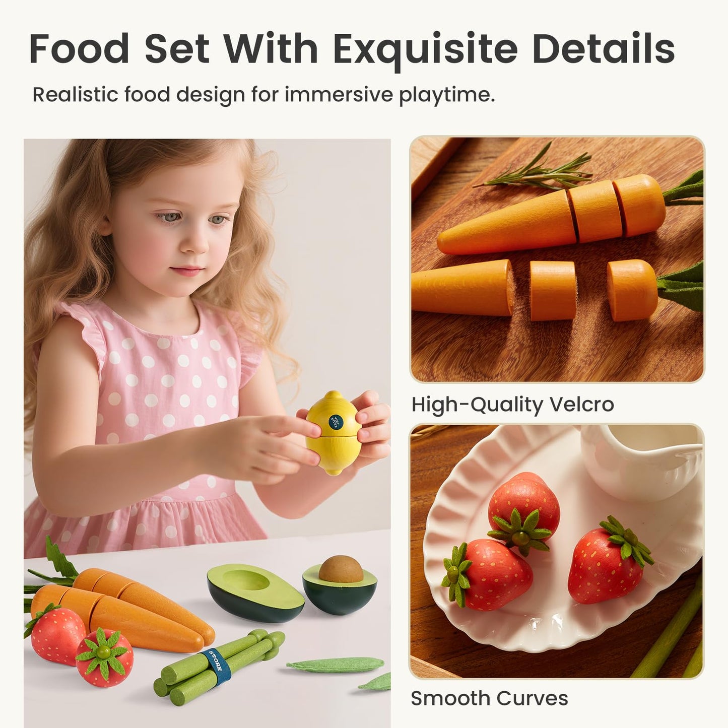 Tiny Land Organic Wooden Vegetable & Fruit Play Set – 7PCS Pretend Food for Kids, Montessori Kitchen Toy for Toddlers, Role Play Grocery Gift