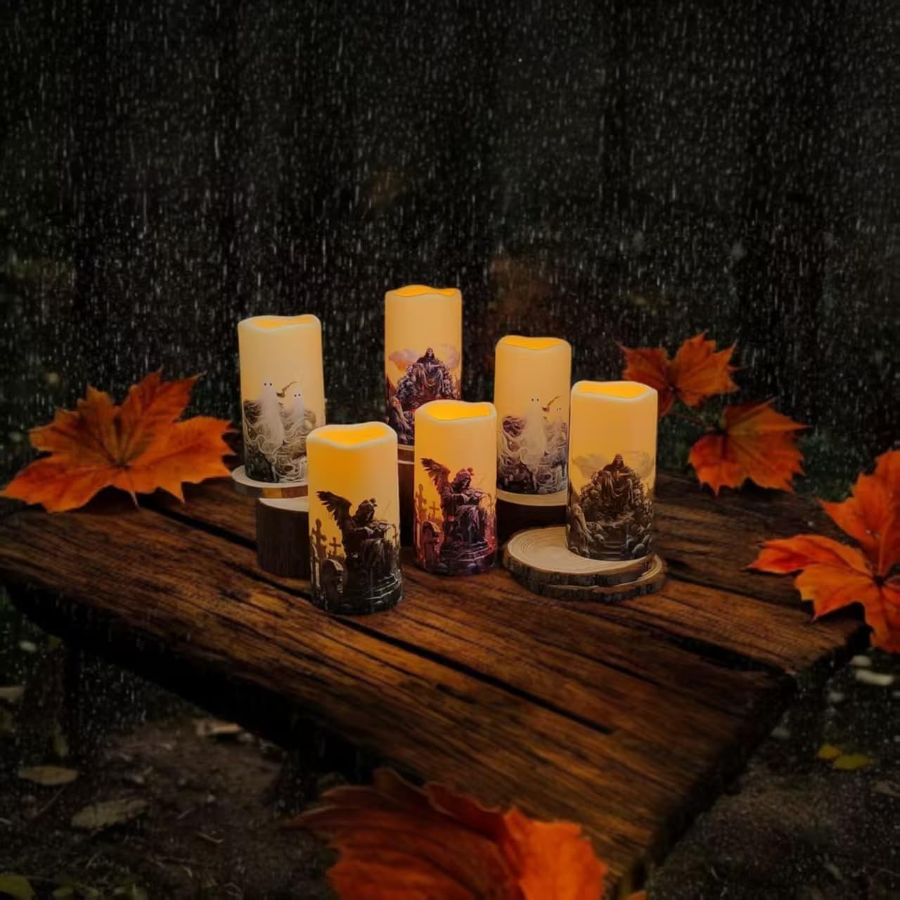 Gothic Style Weatherproof Fall Halloween Decorations LED Flameless Candles with Remote Control Timer Function 2AA Battery Operated, 3" Diameter5.7 Height, Outdoor/Indoor Use, Set of 6