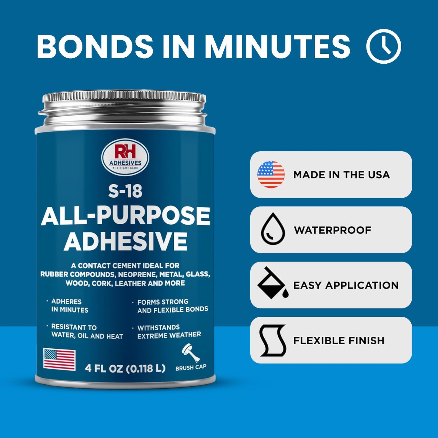 S-18 All-Purpose Adhesive, 4 oz. can - Multi-Purpose, Rubber, Metal, Leather, Felt, Wood, Neoprene, Glass, Flexible, Waterproof, Long Lasting - RH Adhesives
