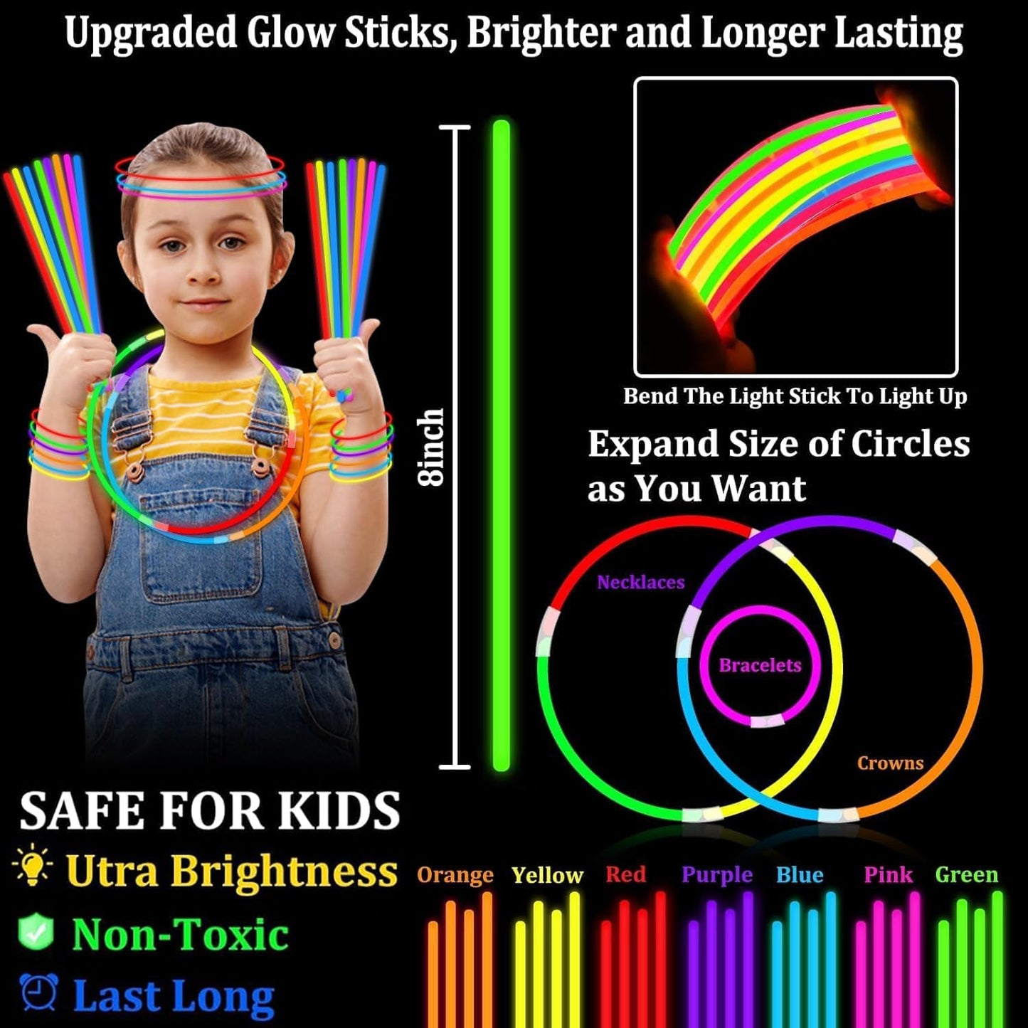 TURNMEON 500 Pack Ultra Bright Glow Sticks Bulk Party Pack Glow In The Dark Party Supplies Glow Sticks Necklaces Bracelets with Connectors 8" Glow stick Light Up Toy Birthday Wedding Pool Halloween