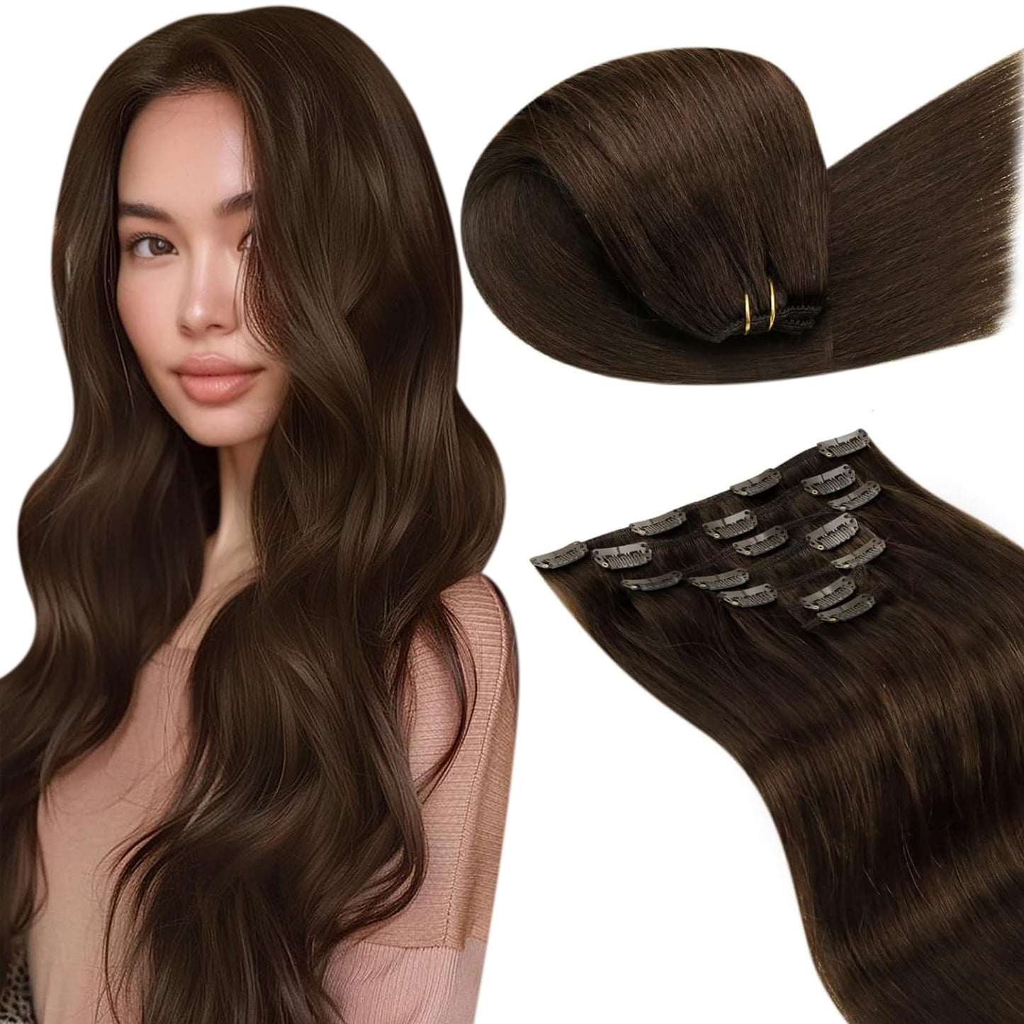 LaaVoo Clip in Hair Extensions – 14 Inch Real Human Hair, Brown Color, 120G, Full Head, Double Weft, 7pcs Set