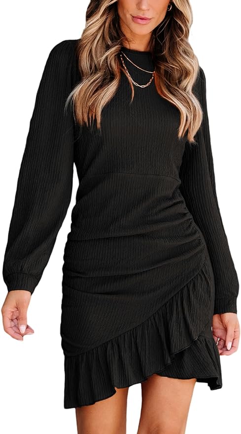 CUPSHE Women Knit Ruched Fall Dress Smocked Ruffle Hem Crew Neck Long Sleeve Bodycon Sexy Casual Holiday Mini Dress