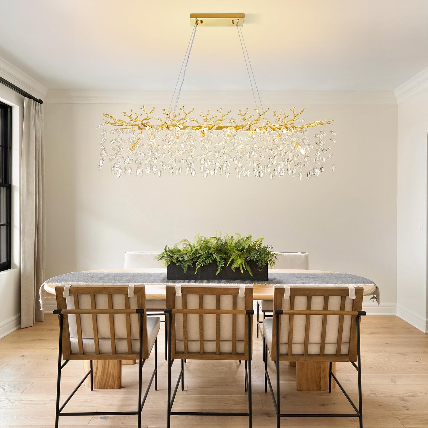 KJLARS Modern Rectangular Chandelier, 47.3" Gold Crystal Tree Branch Chandelier 14 Lights Luxury Raindrop Light for Dining Room, Kitchen Island, Living Room
