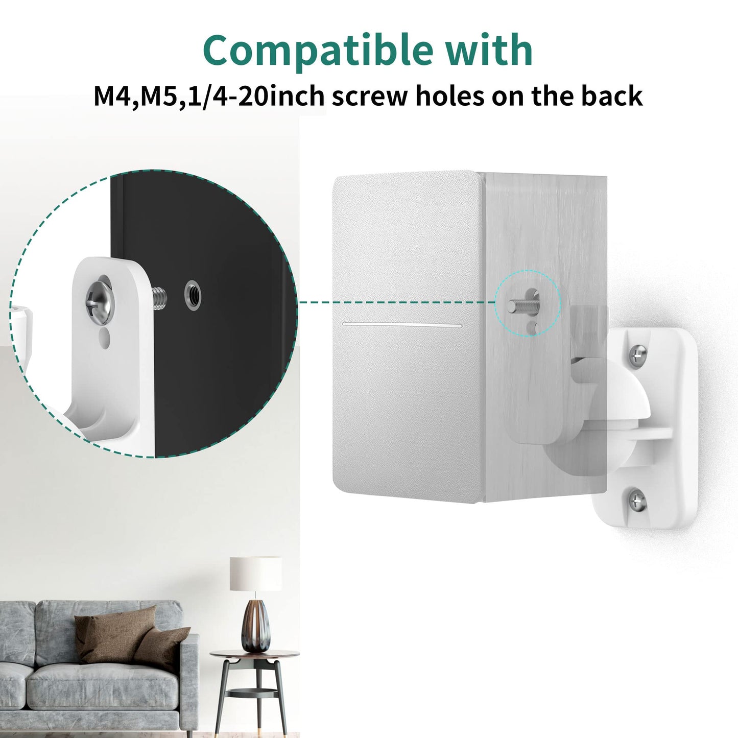 Homemount Speaker Wall Mount Brackets - Surround & Bookshelf Speaker Wall Mounts Kit, Holds Up To 8 Lbs, 2 Pack, White